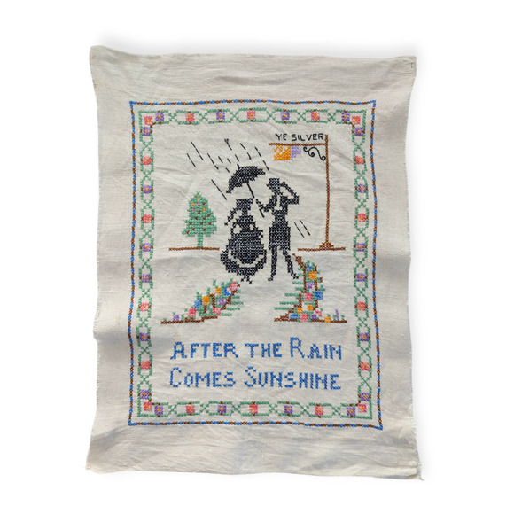 Antique 20's 30's Cross Stitch Sampler ~ After the Rain Comes Sunshine 13X17 - Picture 1 of 3